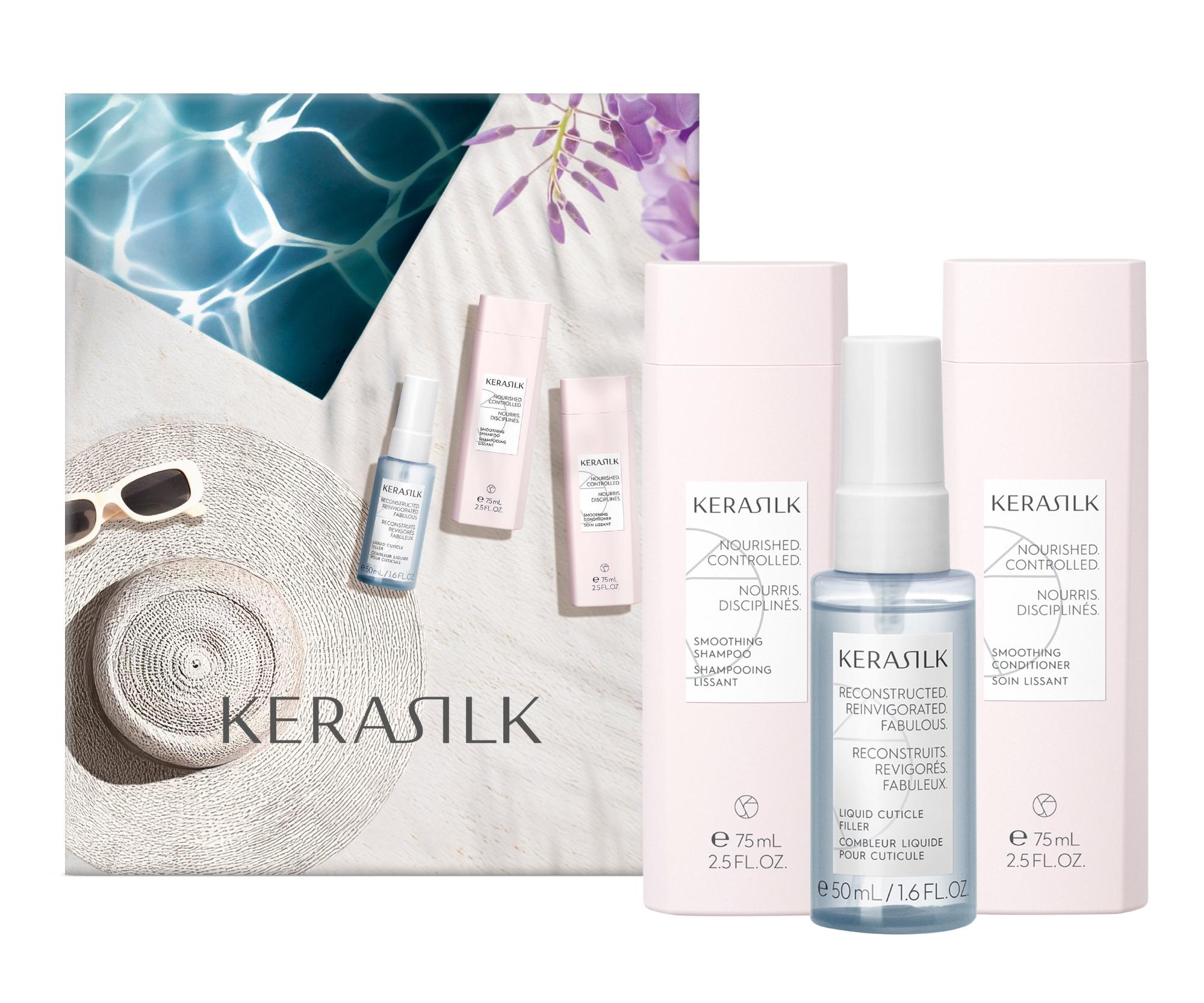 Zestaw upominkowy wygładzający do włosów kręconych i niesfornych Kerasilk Smoothing Travel Set + kosmetyczka gratis + bezpłatny prezent