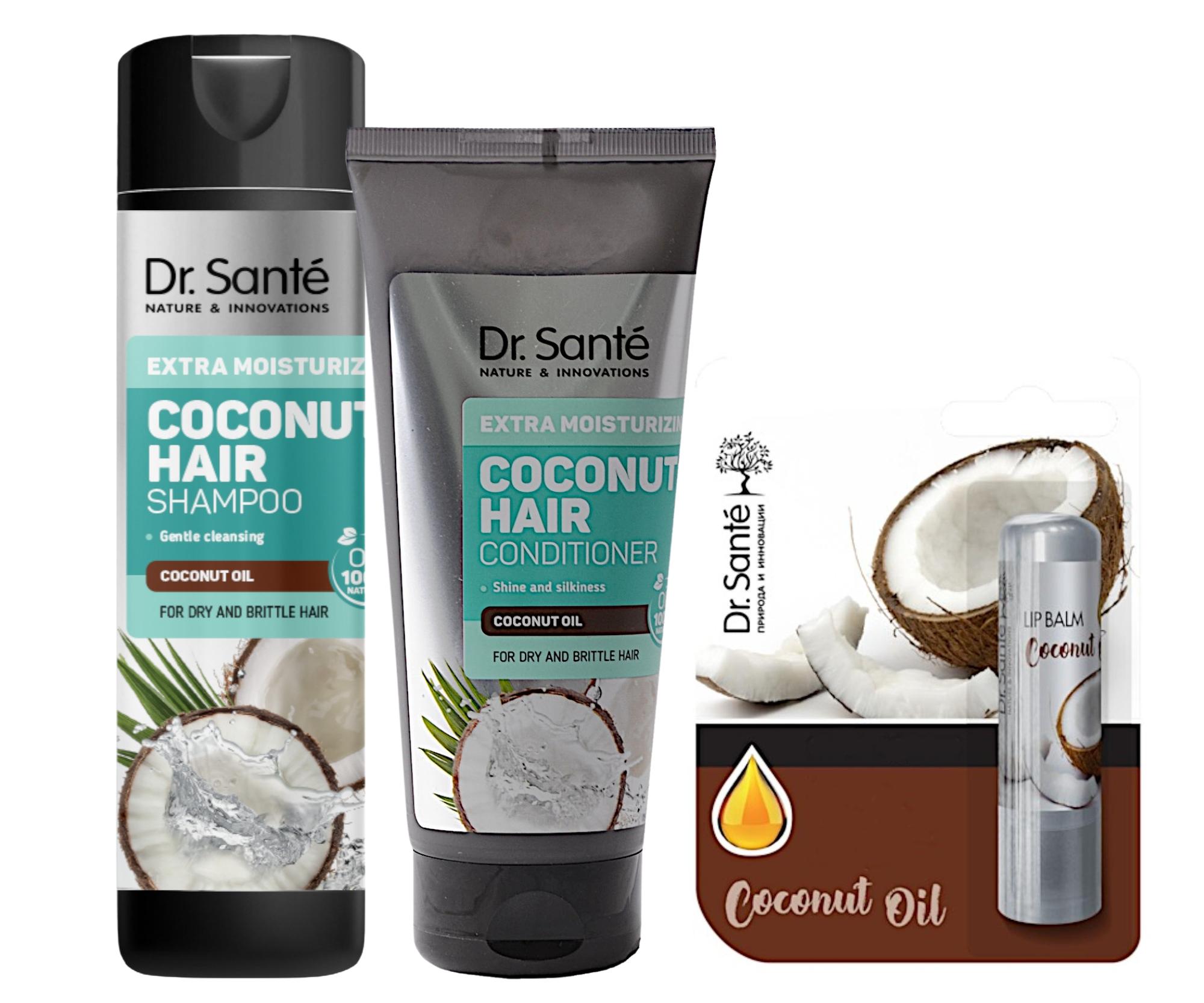 Zestaw nawilżający do włosów łamliwych Dr. Santé Coconut + balsam do ust gratis