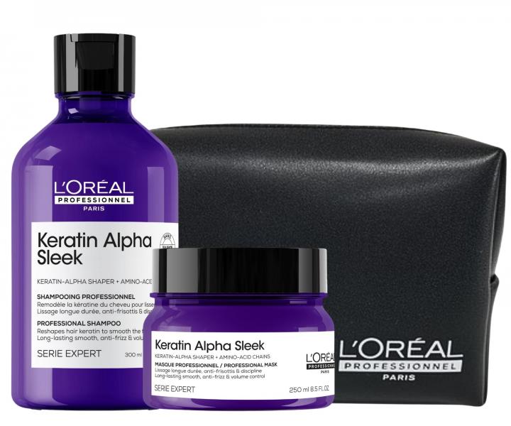 Zestaw do d�ugotrwa�ego wyg�adzania kr�conych w�os�w Lor�al Professionnel Serie Expert Keratin Alpha Sleek + kosmetyczka gratis