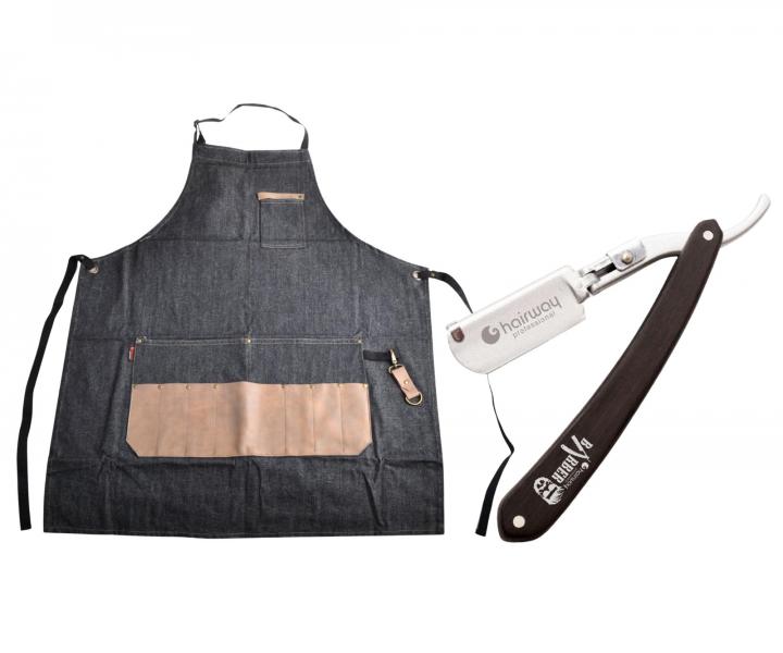 Fartuch fryzjerski mski Hairway Barber - granatowy + brzytwa do golenia zarostu Hairway Razor - czarna gratis