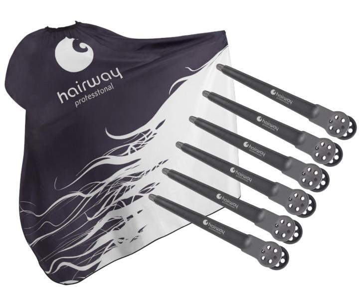 Peleryna fryzjerska do strzyenia Hairway - czarno-biaa + karbonowe klipsy do wosw Hairway - 10 cm - czarne - 6 sztuk gratis