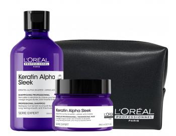 Zestaw do d�ugotrwa�ego wyg�adzania kr�conych w�os�w Lor�al Professionnel Serie Expert Keratin Alpha Sleek + kosmetyczka gratis