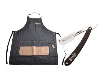 Fartuch fryzjerski mski Hairway Barber - granatowy + brzytwa do golenia zarostu Hairway Razor - czarna gratis