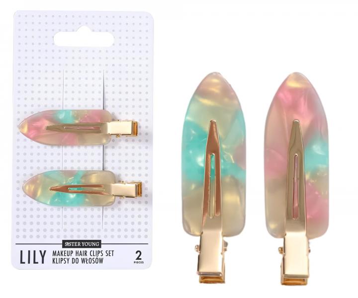 Spinki do w�os�w Sister Young Lily Makeup Hair Clips Set - 6 cm - 2 szt. - r�owo-zielone