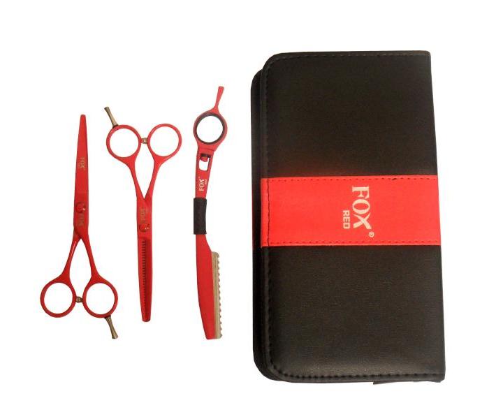 Zestaw no�yczek fryzjerskich 5,5" + brzytwa Fox Color Red - czerwony