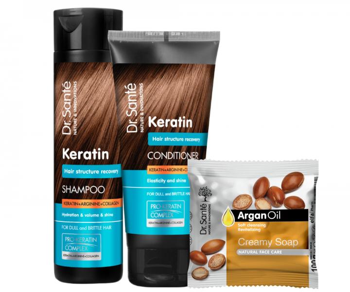 Zestaw odbudowuj�cy do w�os�w matowych i �amliwych Dr. Sant� Keratin - szampon 250 ml + od�ywka 200 ml + myd�o gratis